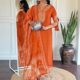 KALINI Floral Embroidered V-Neck Straight Kurta With Trouser And Dupatta image 3