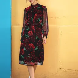RARE Women Floral Print High Neck Ruffles Fit and Flare Dress-image-26