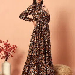 Raiyani Fashion Women Animal Printed Tie-Up Neck Fit & Flare Maxi Dress image 2