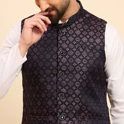 House of Pataudi Men Woven Design Mandarin Collar Nehru Jacket image 2