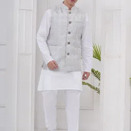 Sethukrishna Mandarin Collar Straight Kurta With Churidar & Nehru Jacket-picture-22