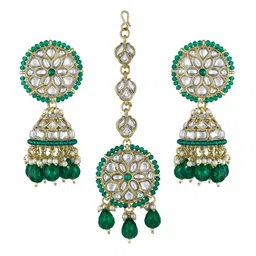 Peora Gold-Plated Kundan-Studded & Beaded Jhumki Earrings & Maangtikka Jewellery Set-picture-40