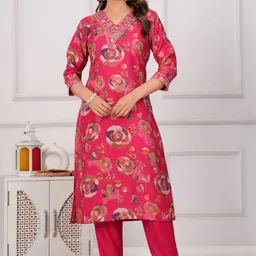 UNISETS Women Ethnic Motifs Printed Regular Sequinned Chanderi Silk Kurta with Pyjamas image 1