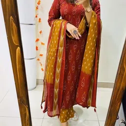 SRF JAIPUR Women Ethnic Motifs Printed Regular Thread Work Pure Cotton Kurta with Trousers & With Dupatta-image-42