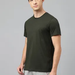 van heusen Men Solid Crew Neck Cotton Blend Dark Green T-Shirt image 2