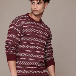 roadster Men Self Design Round Neck Maroon Sweater image 4