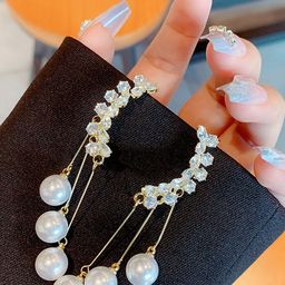VAGHBHATT Korean Gold-Plated Artificial Stones Studded & Pearls Beaded Tasselled Ear Cuff-picture-43