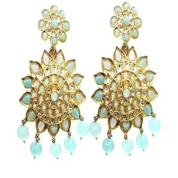 AccessHer Gold-Plated kundan Studded And Beaded Floral Shaped Drop Earrings image 3