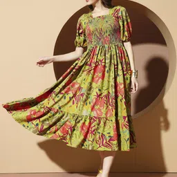 ZWERLON Women Print Puff Sleeve A-Line Short Dress-picture-15