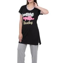 E-MAX Women Black & Grey Typography Printed Night suit image 4