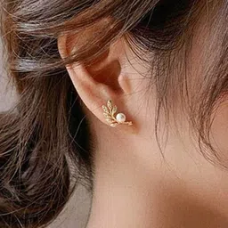 SAIFOO Artificial Stones Studded and Beaded Leaf Shaped Studs image 2