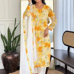 RUNAYA NX Women Floral Embroidered Regular Chanderi Silk Kurta with Trousers & Dupatta-image-26