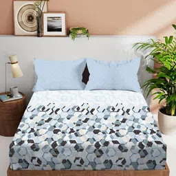 VINTANA Blue & White Geometric 210 TC King Bedsheet with 2 Pillow Covers-picture-29