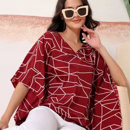 Kotty Women Abstract Print Kimono Sleeve Satin Kaftan Top-picture-38