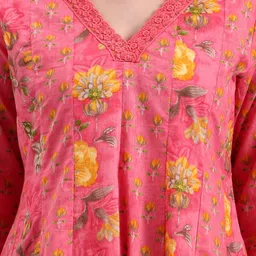 Yufta Floral Printed Pleated Pure Cotton Kurta with Trousers & Dupatta image 2