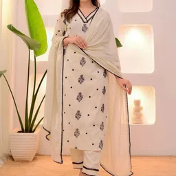 Snofi Creation Ethnic Motifs Embroidered Pure Cotton Kurta With Trousers & Dupatta-image-70