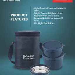 classic essentials Microwave Safe Stainless Steel | Insulated Fabric Bag | Leak Proof 3 Containers Lunch Box image 3
