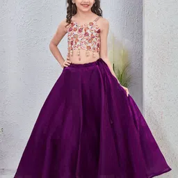 Anneca Girls Floral Printed Shoulder Straps Linen Crop top & Full Flare Lehenga-picture-22