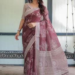 ALMAARI FASHION Floral Pure Linen Banarasi Saree image 4