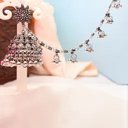 SIVA BY ANIKA Silver-Plated Dome Shaped Ghungroo Beaded Oxidised Jhumkas With Earchain image 4