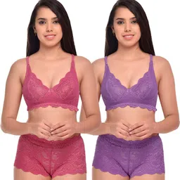 samvar Women Pink,Purple Net Bra Panty Set for Lingerie Set Undergarments Pack of 2-picture-36