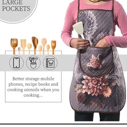 Kuber Industries 2-Pcs Grey & Brown Floral-Printed Velvet Quilted Chef Apron With Pocket image 4