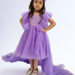 PAKHIRA Girls Purple Bow Net Fit & Flare Dress-picture-34