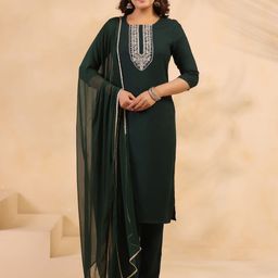 Anouk Rustic Women Ethnic Motifs Embroidered Cotton Kurta with Trousers & Dupatta-picture-5