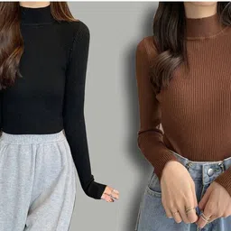 nt clothing Pack of 2 Casual Regular Sleeves Solid, Striped Women Multicolor Top-picture-17