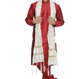VM VM Men's Maroon Silk Blend Kurta, Pyjama & Dupatta Set Solid Sherwani-picture-25