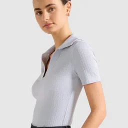 Forever New Women Self Design Polo Collar Slim Fit T-shirt image 4