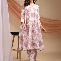 Fourleaf Women Floral Printed Regular Pure Cotton Kurta with Trousers-image-35