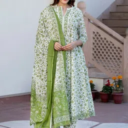 KALINI Floral Printed Mandarin Collar Straight Pure Cotton Kurta With Trousers And Dupatta-picture-28