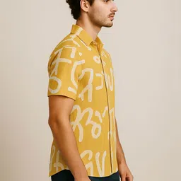 DYMORA Men Mustard Yellow Abstract Printed Cuban Collar Shirt image 5