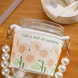 ganesh store Cute Juice Glass Tumbler Cup with Lid Straw Pearl Chain Cup Portable Bottle Glass Tumbler image 3