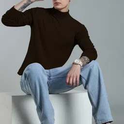 jalapeno Men Solid High Neck Brown Sweater image 5