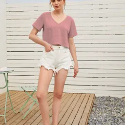 rahi trendz Women Solid V Neck Wool Blend Pink T-Shirt image 5