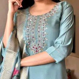 rozri JA ENTERPRISE99 Embroidered Anarkali Kurta, Bottom & Dupatta Set Embroidered Anarkali Kurta, Bottom & Dupatta Set image 5