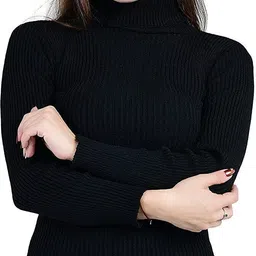 tee tree Women Woven Turtle Neck Black, White Sweater image 4