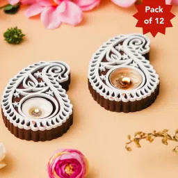ecraftindia Multicolour Wood Buta or Paisley Shaped Wooden Block Print Decorative Tea Light Holders(Set of 12) image 1