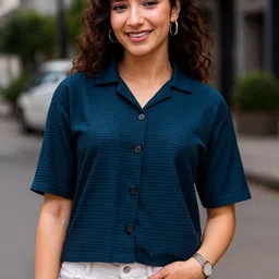 ekasya Women Boxy Fit Self Design Lapel Collar Casual Shirt image 4