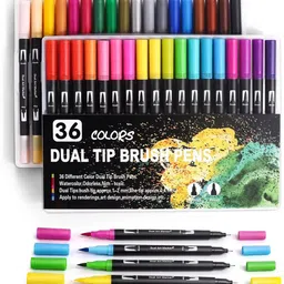 pathos india Dual Tip Brush Marker Pens set of 36,Fine and Brush Tip Colored Pens for Coloring,Art,Sketching,Bullet Journal,Coloring Book,Drawing image 1