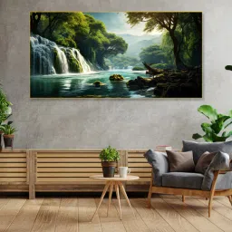 nestroots Gold Canvas Framed Enchanted Forest Waterfall Pink Serenity Wall Painting(18X36 Inch)-picture-22