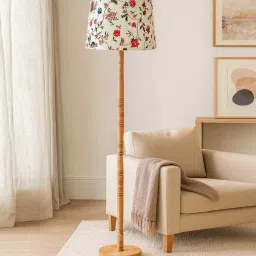 homesake Mid Century Modern Floor Lamp, Hand-turned Wood, Fabric Lampshade, Vine and Flowers image 1