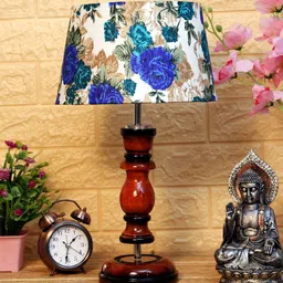 brightdaisy Milan White & Blue Fabric Shade Night Lamp With Wood Base image 2