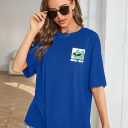 veirdo Oversize Women Printed Round Neck Pure Cotton Dark Blue T-Shirt-picture-13