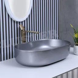 cluster Designer Table Top Wash Basin For Bathroom | Ceramic Bathroom Sink | Over Counter Wash Basin for Hotel, Restaurant (21x14x6 Inch) ( Glossy Grey ) Table Top Basin image 3