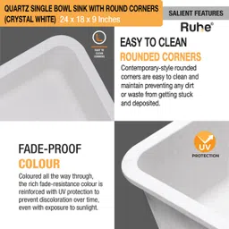 ruhe Quartz Single Bowl 24x18x9 inches Kitchen Sink with Round Corners, Including Sink Coupling, Waste Pipe and Vegetable Basket, Installation Vessel Sink image 2
