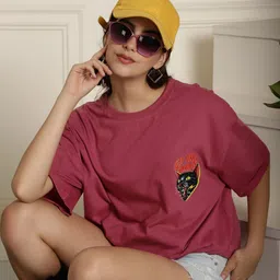 dreambe Women Printed Round Neck Pure Cotton Maroon T-Shirt-picture-19