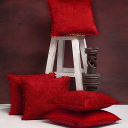 hosta homes Red Solid Velvet 16 x 16 Inches Cushion Covers with Pom Poms (Set of 5)-picture-44
